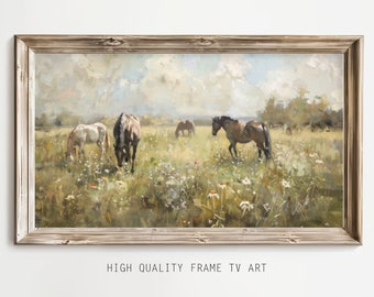 May include: A framed painting depicting a rural scene with four horses grazing in a field of wildflowers. The sky is a light blue with fluffy white clouds. The horses are brown and white, and the field is green with a variety of wildflowers.