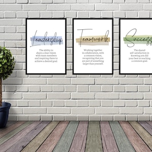 May include: Three framed prints with motivational quotes about leadership, teamwork, and success. Each print features a watercolor-style background in shades of blue, green, and yellow.