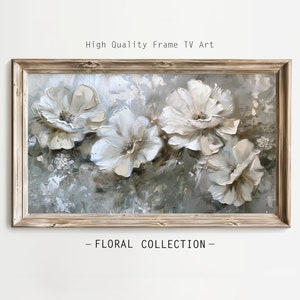 Spring Frame TV Art, Abstract White and Sage Flowers Digital Download, Textured Oil Painting Style, White Floral Frame TV Art