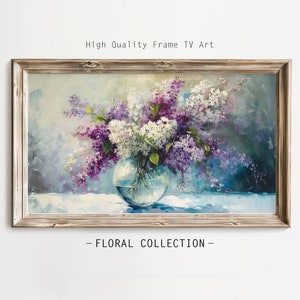 Arte della TV con cornice, vaso lilla vintage stile pittura a olio strutturata natura morta, arte della TV con cornice floreale primaverile, arte della TV con bouquet floreale
