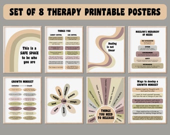 May include: Set of eight printable posters with a beige and brown color scheme. The posters feature positive affirmations and therapeutic concepts, including a growth mindset, safe space, healing is not linear, and Maslow's hierarchy of needs.