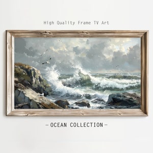 Frame TV Art, Ocean Waves Seagulls Coastal Landscape Painting Style, Coastal Frame TV Art, Beach House Cottage Decor, Stormy Waters