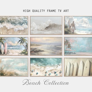 May include: A collection of nine framed beach-themed paintings. The paintings feature various scenes of the ocean, including waves crashing, surfers, palm trees, and seashells. The paintings are all in a light and airy style, with a soft color palette.