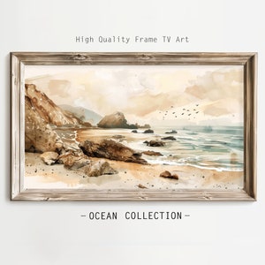 Frame TV Art, Coastal Landscape Digital Download, Watercolor Painting Style, Beach Frame TV Art,  Neutral Coastal Art