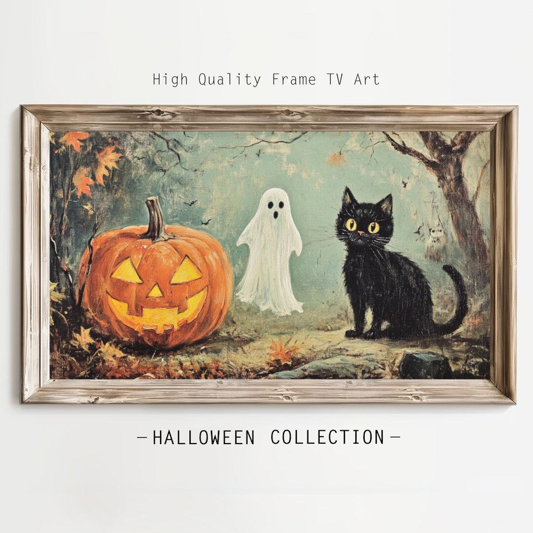 Vintage Halloween Frame TV Art, Black Cat Pumpkin Ghost Digital ...