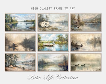 Lake Life Frame TV Art Set de 9, Summer Frame TV Art, Cottage Lake Fishing Camping Pintura, Cottage Life, Summer Fun Tv Screensaver