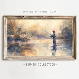 Frame TV Art, Fishing Scene Digital Download, Watercolor Painting, Fishing Frame TV Art, Father&#39;s Day TV Art, Fisherman Art