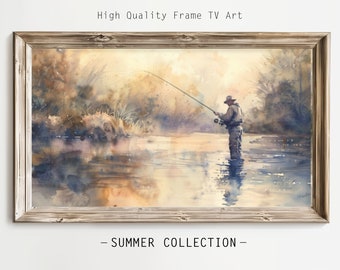 Frame TV Art, Fishing Scene Digital Download, Watercolor Painting, Fishing Frame TV Art, Father's Day TV Art, Fisherman Art