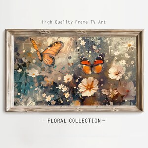 Spring Frame TV Art, Vintage Butterflies and Flowers Textured Oil Painting, Butterflies Frame TV Art