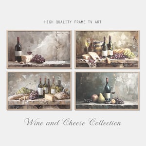 Puede incluir: Cuatro pinturas enmarcadas que representan escenas de bodegón con botellas de vino, uvas, queso y pan. Las pinturas son de estilo rústico con colores apagados y un fondo texturizado. El texto "Wine and Cheese Collection" se muestra debajo de las pinturas.