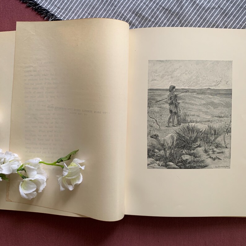 Peut inclure: Une illustration en noir et blanc d'une personne avec une lance debout dans un champ avec un chien. L'illustration est tir&eacute;e d'un livre intitul&eacute; "L'histoire de la Bible".