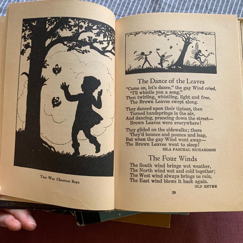Pu&ograve; includere: Un libro aperto con illustrazioni e testo. Una pagina presenta la silhouette di un bambino sotto un albero con foglie che cadono. La pagina opposta ha una poesia intitolata "La danza delle foglie" e "I quattro venti".