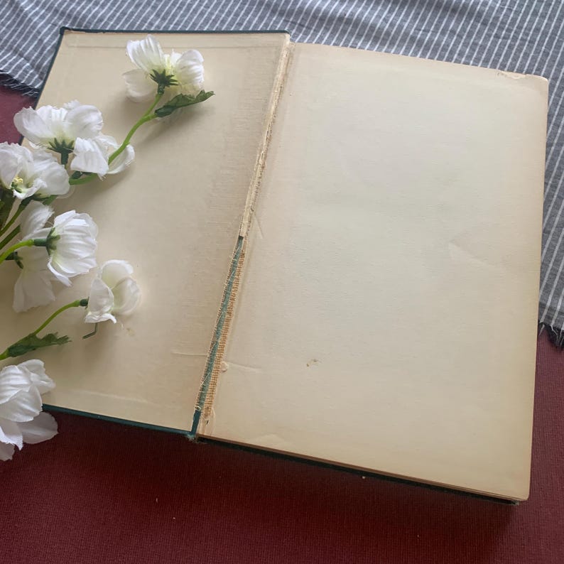 Puede incluir: Un libro abierto con p&aacute;ginas envejecidas de color crema. Flores blancas con tallos verdes est&aacute;n dispuestas en el lado izquierdo del libro. La cubierta del libro es de color verde oscuro y la encuadernaci&oacute;n es visible.
