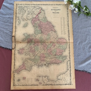 Mapa vintage de 1861 / Inglaterra y Gales / Atlas de la familia de Johnson