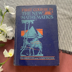 May include: A dark blue hardcover book titled First Course in The New Mathematics by Edgerton and Carpenter. The cover features a light blue illustration of a person riding a camel in front of a pyramid, with orange accents and text.