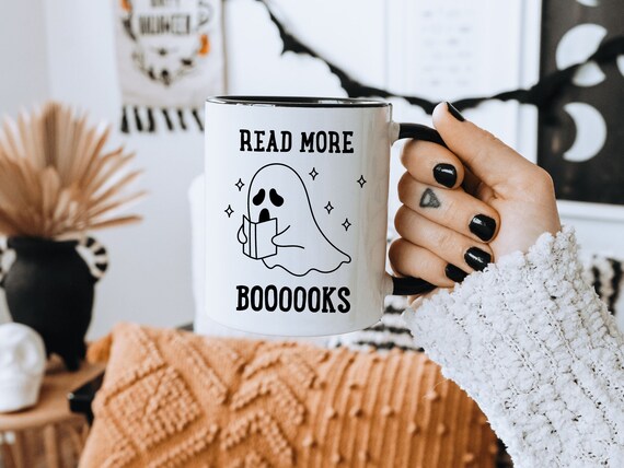 Bookish Halloween Coffee Mug, Read More Boooks Mug, Halloween Teacher Coffee Cup, Booktok Gift, Bookish Coffee Mug, Ghost Reading Mug