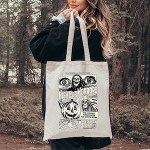 Night of Horrors Tote, Halloween Tote Bag, Skeleton Bag, Jack o Lantern Tote Bag, Goth Tote, Horror Tote, Creepy