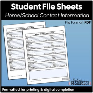 Hojas de información de contacto de estudiantes (PDF) Formularios de archivo de evaluación digital imprimibles