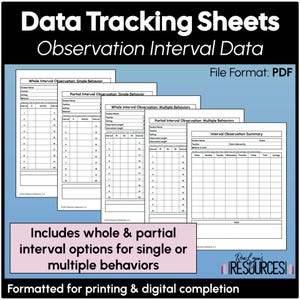 Behavior Observation Interval Data Sheets Printable Digital PDFs Whole Partial