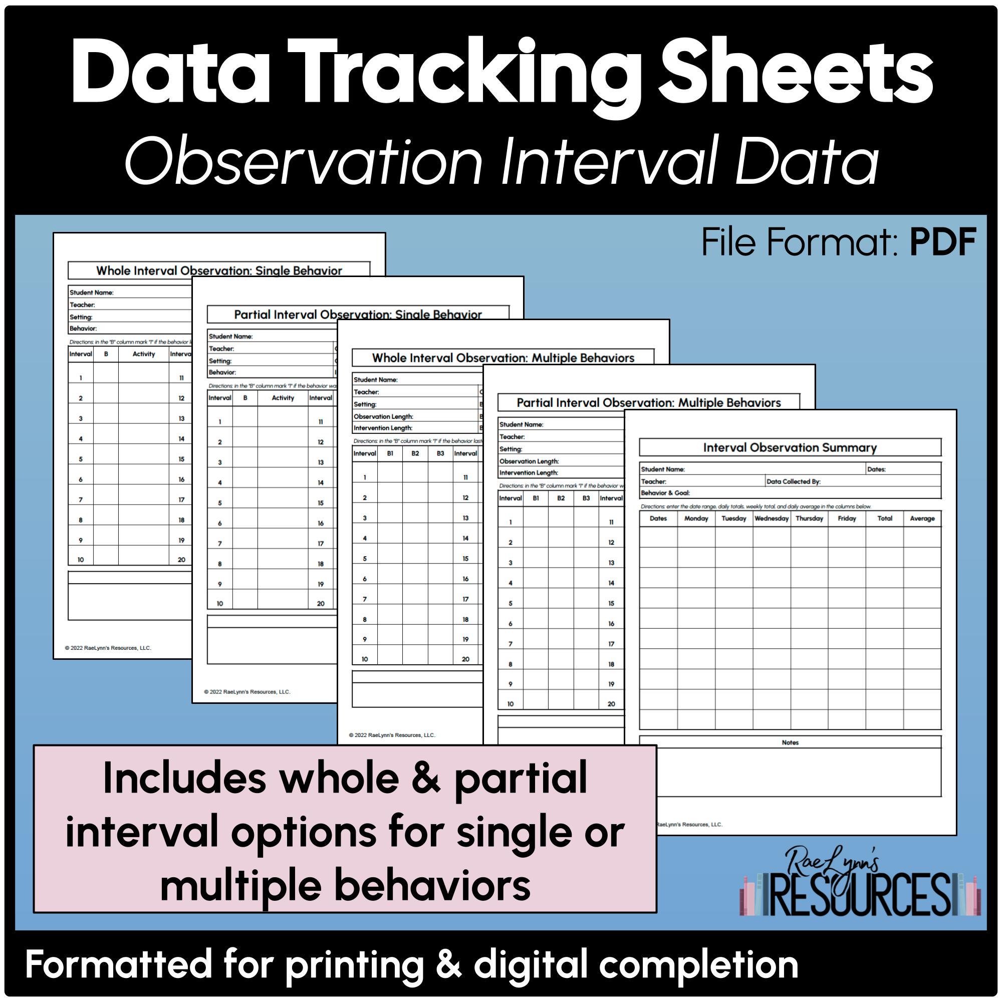 Behavior Observation Interval Data Sheets Printable Digital Pdfs Whole ...