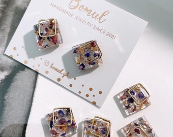 Double Square Studs with Pressed Flowers | Resin Earrings| Gold Plated