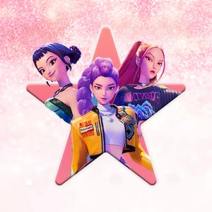 Puede incluir: Ilustración digital de tres figuras femeninas estilizadas dentro de una estrella rosa. Una figura tiene cabello morado y una chaqueta amarilla. Otra tiene cabello azul oscuro y una blusa verde. La tercera tiene cabello largo rojo y una blusa negra con texto.