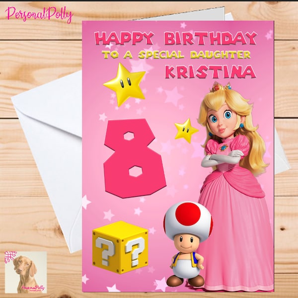 Personalised Peach Card Birthday Christmas Unofficial Luigi Super Mario Toad Girl Daughter Granddaughter Niece