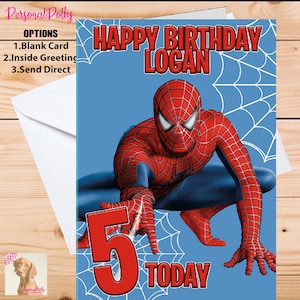 May include: A birthday card featuring a cartoon image of Spiderman in a red and blue suit, with a large red number 5 and the text "Happy Birthday Logan 5 Today" on a blue background with a white spider web design.