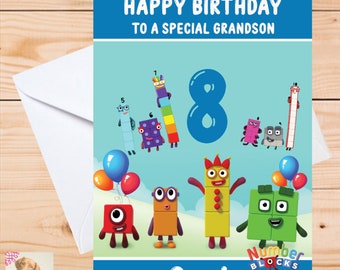 May include: A colorful birthday card featuring characters from the show Numberblocks. The card says "Happy Birthday to a Special Grandson" and features the number 8. The name Gavin is at the bottom of the card.