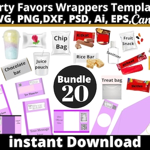 May include: A digital download of 20 party favor wrapper templates in SVG, PNG, DXF, PSD, Ai, EPS, and Canva formats. The templates feature various designs, including soda cans, chip bags, chocolate bars, juice pouches, rice bars, candy, and treat bags. The text "Bundle 20" is displayed in a black circle.