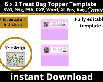 6x2 Treat Bag Topper Template, Treat Bag Toppers, Loot Bag Toppers, Chip bag template instant download, Chip bag label, Chocolate wrapper,