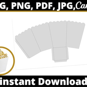 Può includere: Un modello stampabile per una scatola di popcorn. Il modello è un contorno grigio di una scatola con bordi a festoni. Il modello è etichettato con il testo "SVG, PNG, PDF, JPG, Canva". Il modello è anche etichettato con il testo "Download immediato".