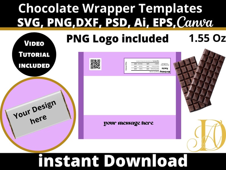 Op de afbeelding: Een paarse en witte sjabloon voor een chocoladeverpakking met de tekst "Your Design here" op een zilveren reep. De sjabloon bevat ruimte voor een logo, voedingsinformatie en een bericht. De tekst "1.55 Oz" is ook inbegrepen. De sjabloon is beschikbaar in de formaten SVG, PNG, DXF, PSD, Ai, EPS en Canva. Een videozelfstudie is inbegrepen.