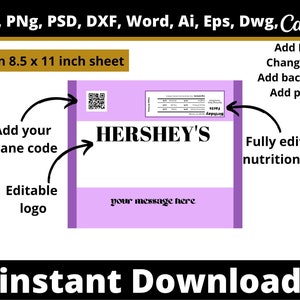Op de afbeelding: Afdrukbare voedingswaarde-etiket sjabloon voor Hershey's chocolade. De sjabloon is aanpasbaar met een scancode, logo en bericht. Het is volledig bewerkbaar en kan worden afgedrukt op een vel van 8,5 x 11 inch.