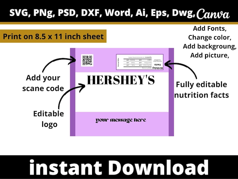 Op de afbeelding: Afdrukbare voedingswaarde-etiket sjabloon voor Hershey's chocolade. De sjabloon is aanpasbaar met een scancode, logo en bericht. Het is volledig bewerkbaar en kan worden afgedrukt op een vel van 8,5 x 11 inch.