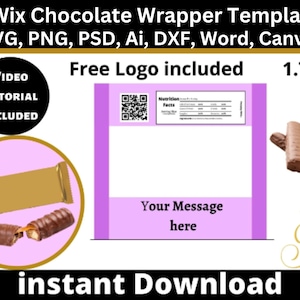 May include: A printable chocolate bar wrapper template with a purple background and a white rectangle in the center. The template includes a nutrition facts label, a QR code, and a space for a message. The text "Free Logo included" and "1.79 Oz" are also included. The template is available for instant download in SVG, PNG, PSD, Ai, DXF, Word, and Canva formats.