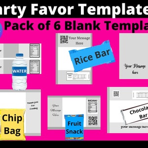 Party Favor Templates Bundle, Save Bundle, Chip Bag Template, Water bottle Label, Juice Pouch Label, Fruit snack Label,Chocolate bar Wrapper