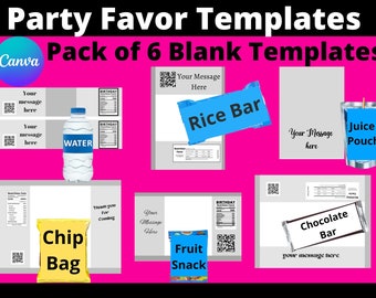 Party Favor Templates Bundle, Save Bundle, Chip Bag Template, Water bottle Label, Juice Pouch Label, Fruit snack Label,Chocolate bar Wrapper