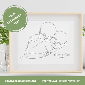 Twins Newborn Line Art Birth Poster, Personalized Twins Baby Poster, Mom and Baby, Nursery Newborn custom printable, Family of 4 wall art