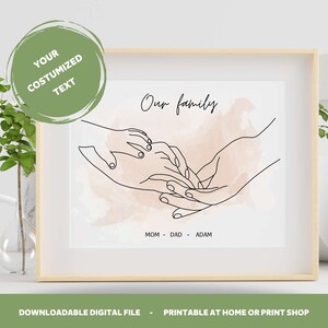 Newborn Line Art Birth Poster, Personalized Baby Poster, Parents Holding Hands, Mom and Baby, Nursery Newborn, Family of 3 wall art