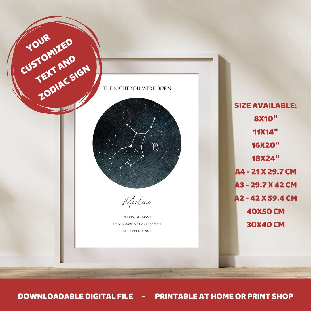 The Night You Were Born Poster, Star Map, Custom Zodiac Print ...