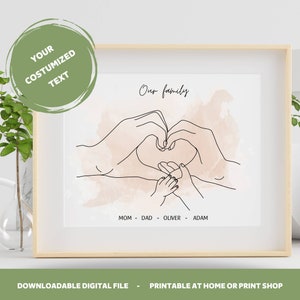 Newborn Line Art Birth Poster, Personalized Baby Poster, Parents Holding Hands, Mom and Baby, Nursery Newborn, Family of 4 wall art