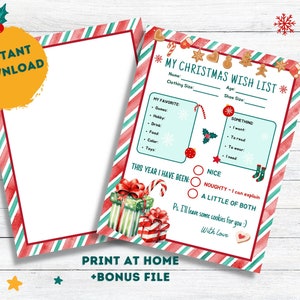 Papel de carta navideña imprimible / Lista de deseos navideños para niños / Carta navideña a Papá Noel / Lista navideña / Imprimibles navideños 2023