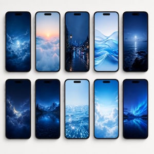 Pode incluir: Dez smartphones dispostos em duas filas de cinco, cada um exibindo um papel de parede digital único em tons de azul. As telas apresentam cenas variadas, incluindo nuvens ao luar, nascer do sol sobre nuvens, uma rua chuvosa e aurora boreal.
