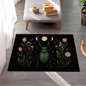 Mystical Beetle Rug, Boho Insect and Moon Phase Carpet, Floral Nature Area Rug for Whimsical or Witchy Home Decor