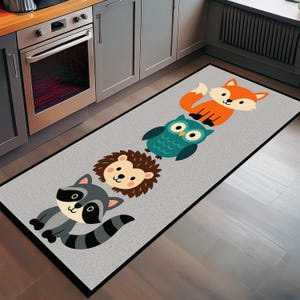Cute Forest Animal Kitchen Runner Rug – Raccoon, Fox, Owl, Hedgehog Print, Non-Slip Washable Kids Room or Kitchen Floor Mat