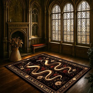 Pode incluir: Um tapete decorativo com um desenho de cobra dourada sobre um fundo preto, adornado com rosas vermelhas e flores brancas. O tapete está numa sala com janelas arqueadas e uma lareira, criando uma estética gótica.