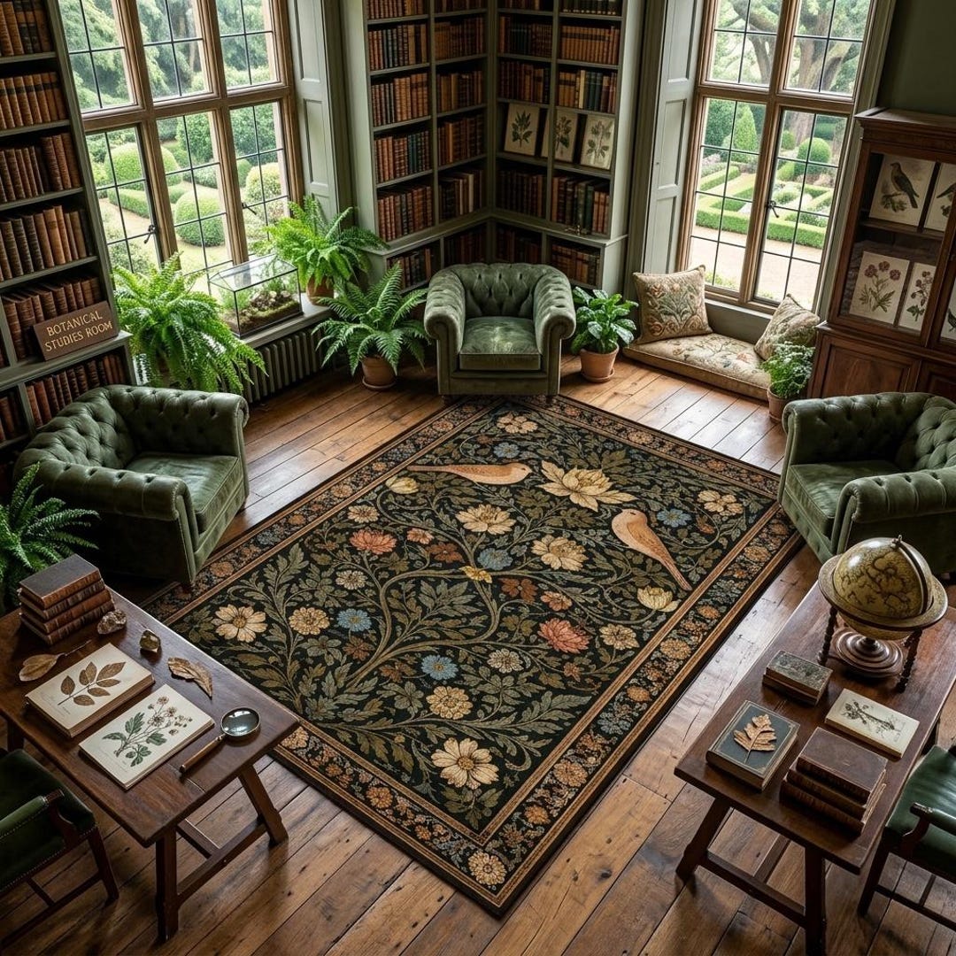 Study Rugs Botanical Study Rug, Vintage Birds Floral Carpet, Dark Academia Library ...
