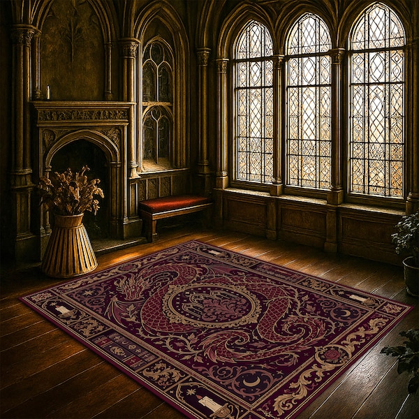 Crimson Dragon Gothic Rug, Celestial Fantasy Carpet, Dark Red Medieval Decor Rug, Mystical Dragon Artwork