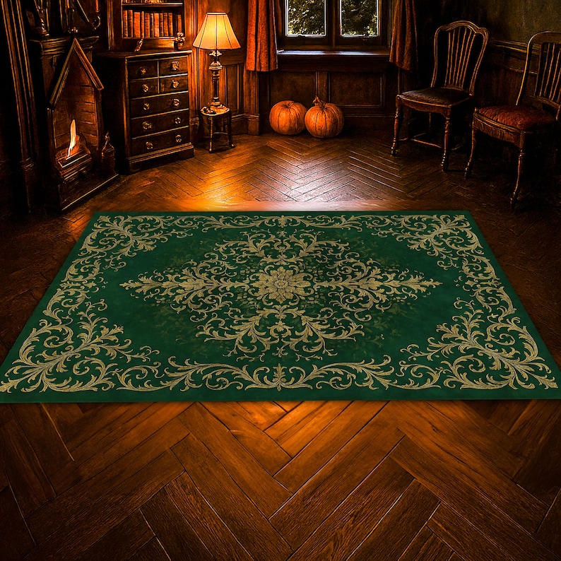 Emerald Baroque Floral Rug – Elegant Green and Gold Vintage Carpet With ...